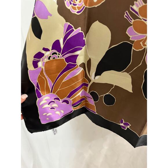 Totes Vintage HIGE Floral print mod purple brown, lavender Satin Rain Scarf - Picture 4 of 8